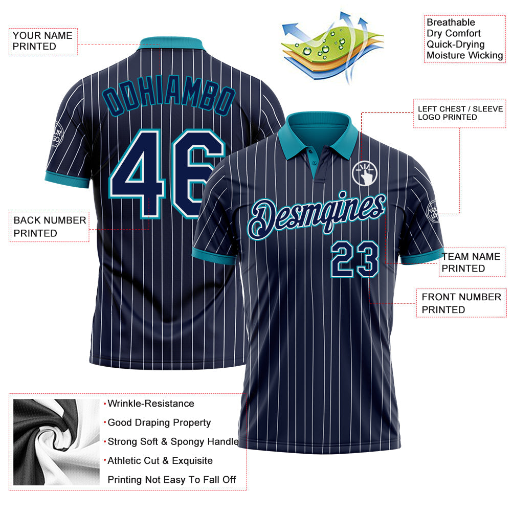 Custom Navy White Pinstripe-Teal Performance Polo Shirt view 3