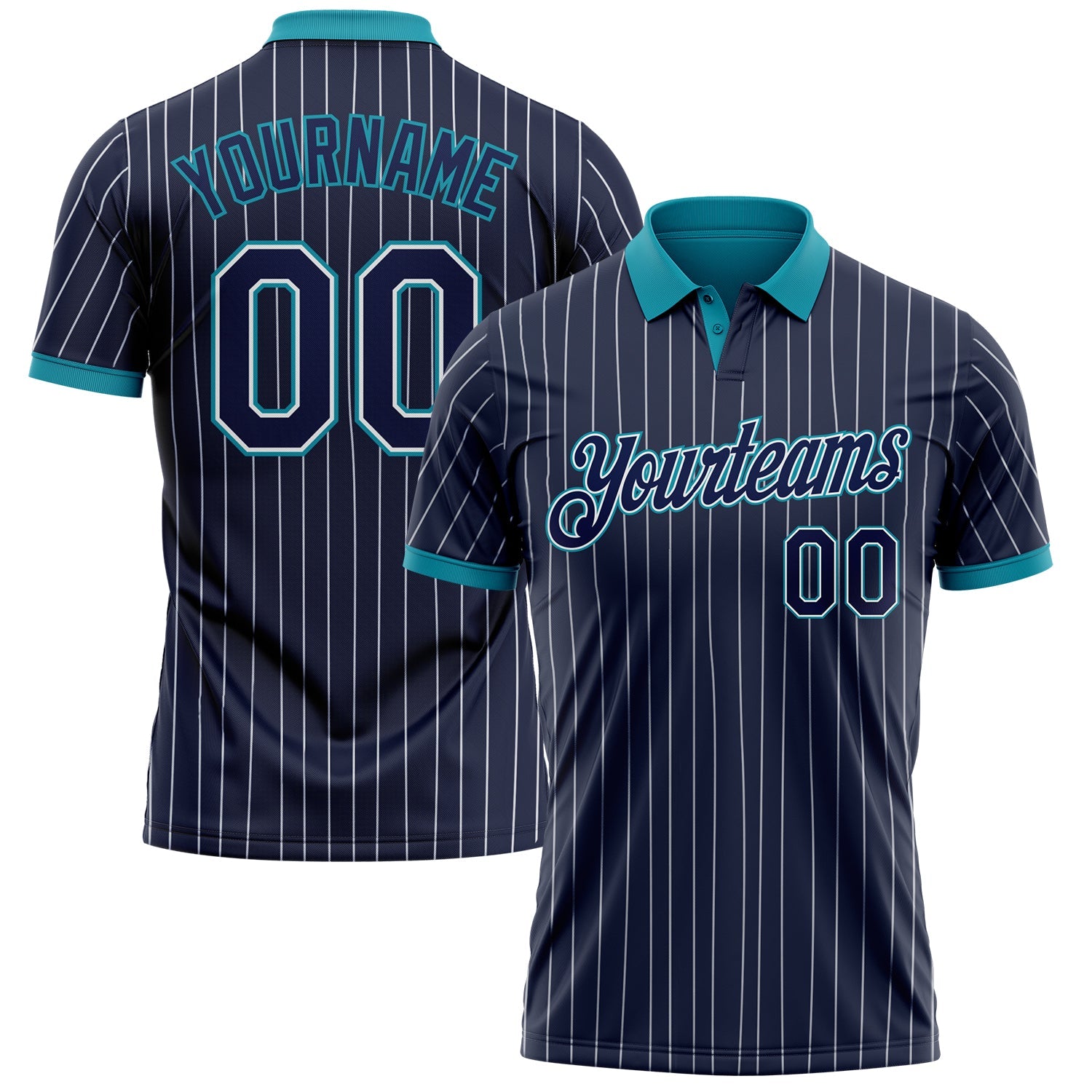 Custom Navy White Pinstripe-Teal Performance Polo Shirt - Main View