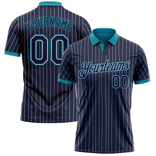 Custom Navy White Pinstripe-Teal Performance Polo Shirt - Main View