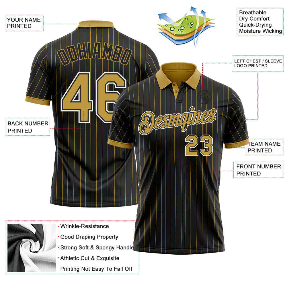 Custom Black Old Gold Pinstripe Old Gold-White Performance Polo Shirt view 3