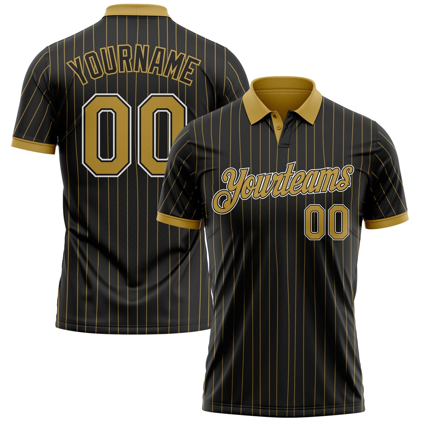 Custom Black Old Gold Pinstripe Old Gold-White Performance Polo Shirt - Main View