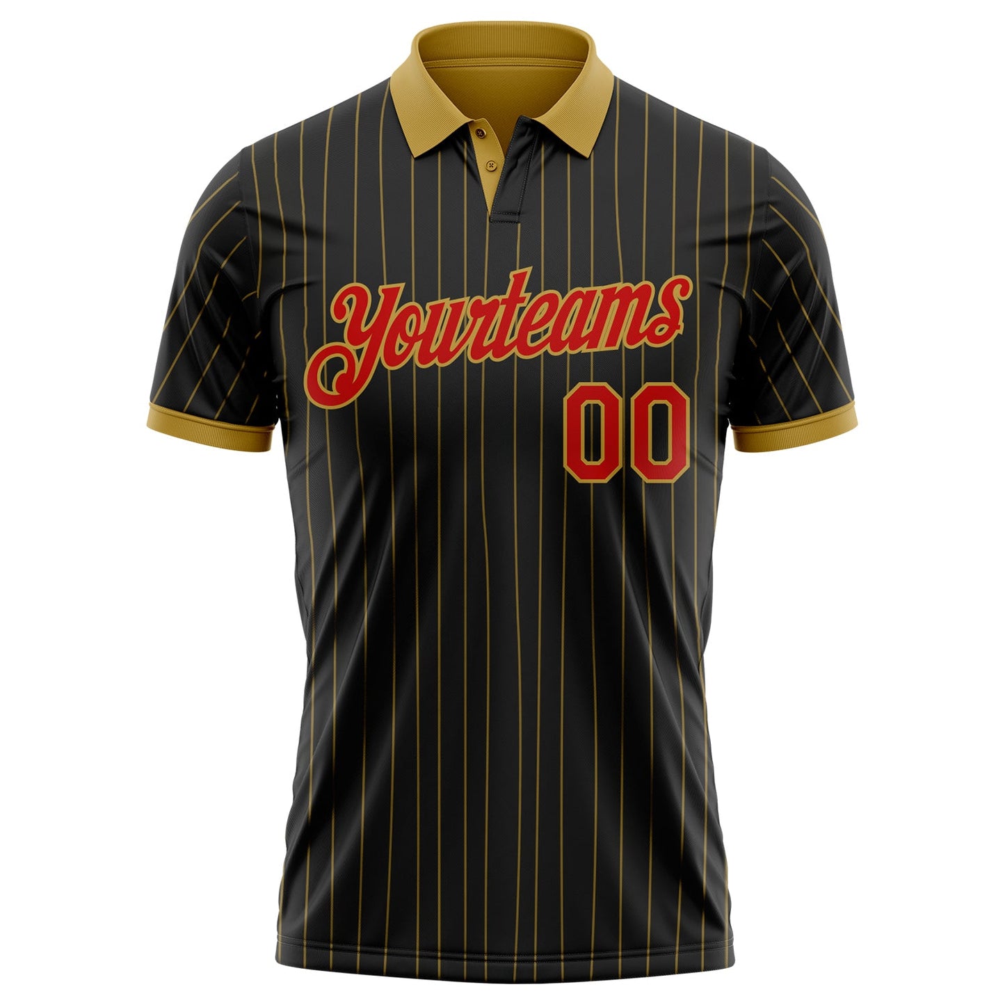 Custom Black Old Gold Pinstripe-Red Performance Polo Shirt view 2
