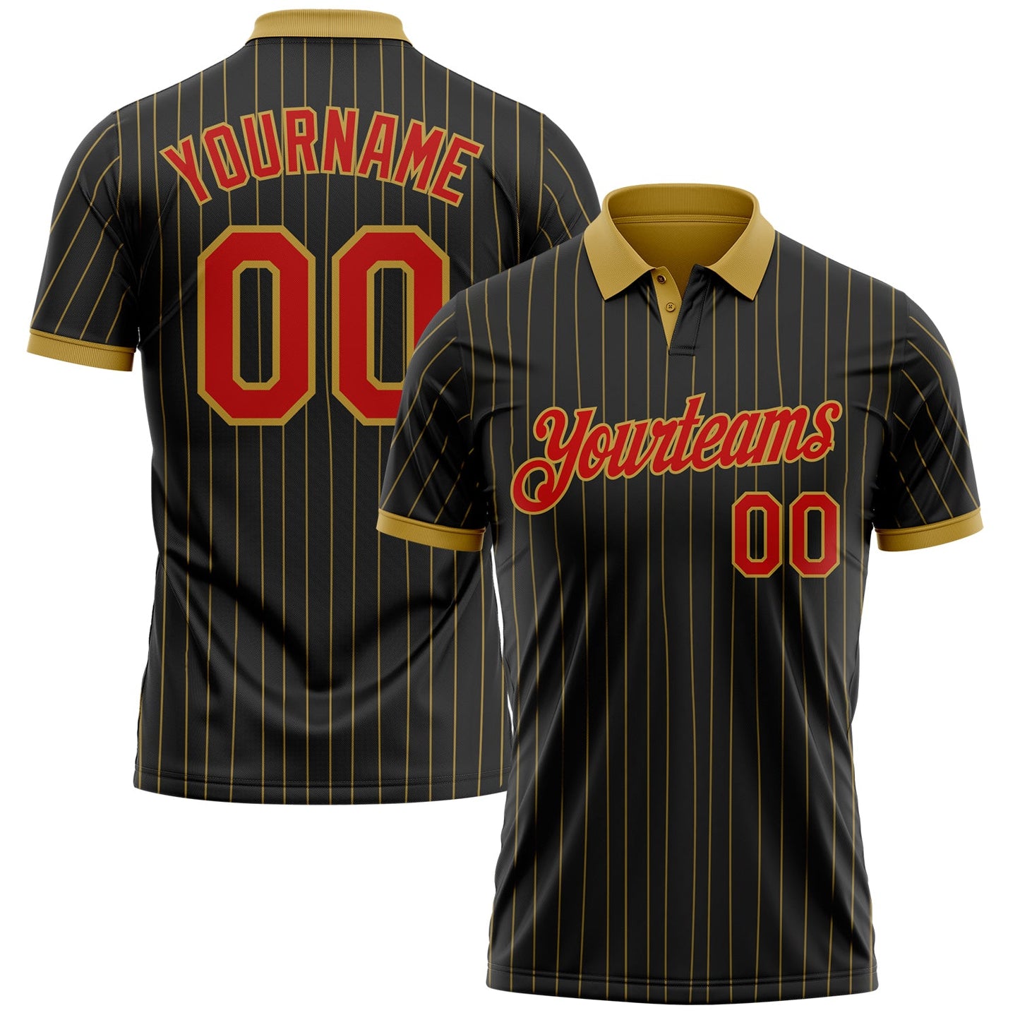 Custom Black Old Gold Pinstripe-Red Performance Polo Shirt - Main View