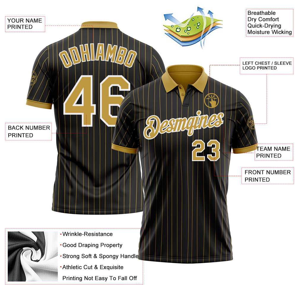 Custom Black Old Gold Pinstripe-White Performance Polo Shirt view 3