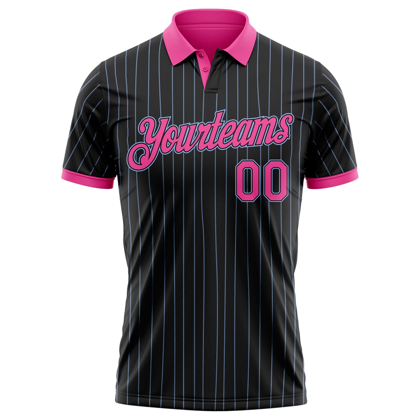 Custom Black Light Blue Pinstripe-Pink Performance Polo Shirt view 2