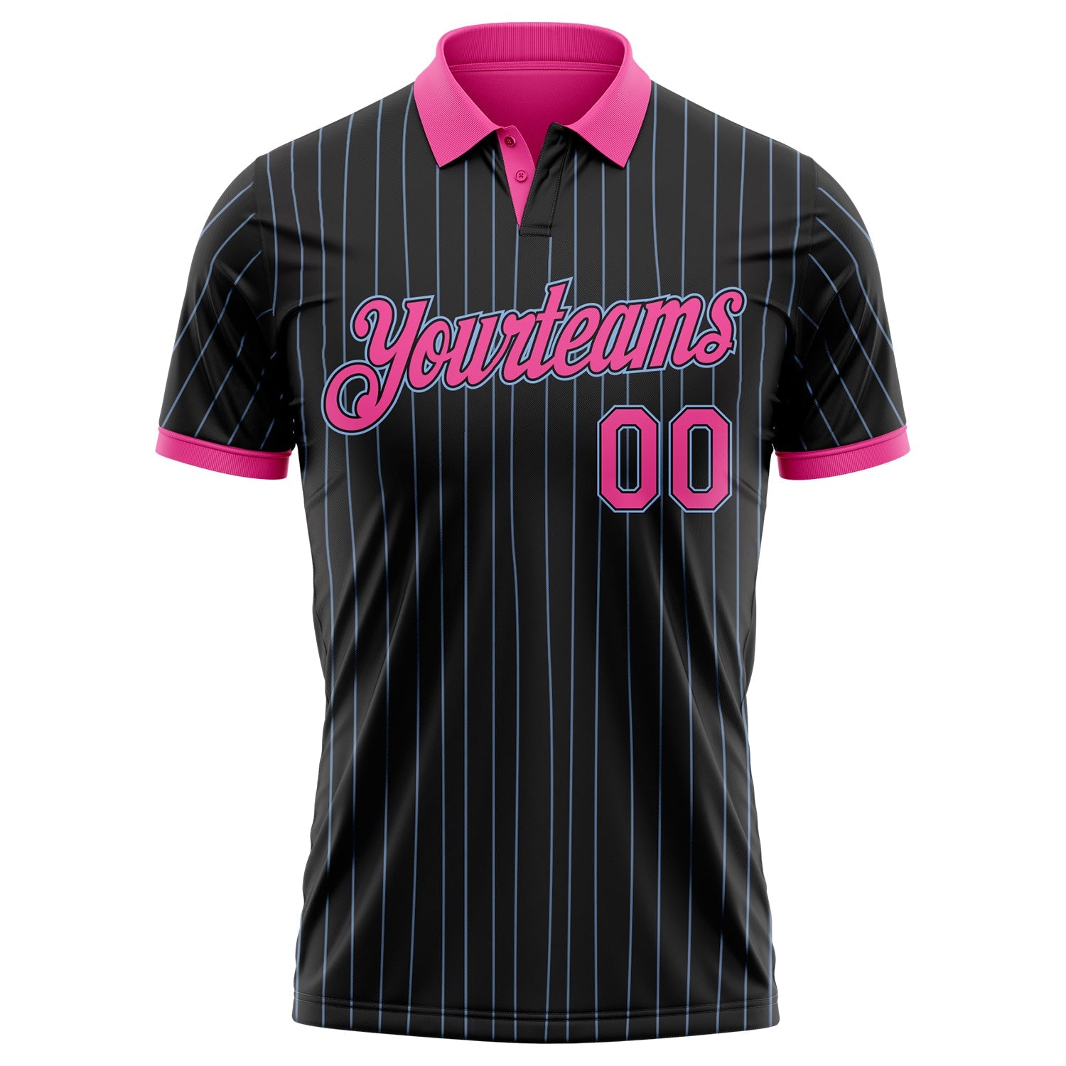 Custom Black Light Blue Pinstripe-Pink Performance Polo Shirt view 2