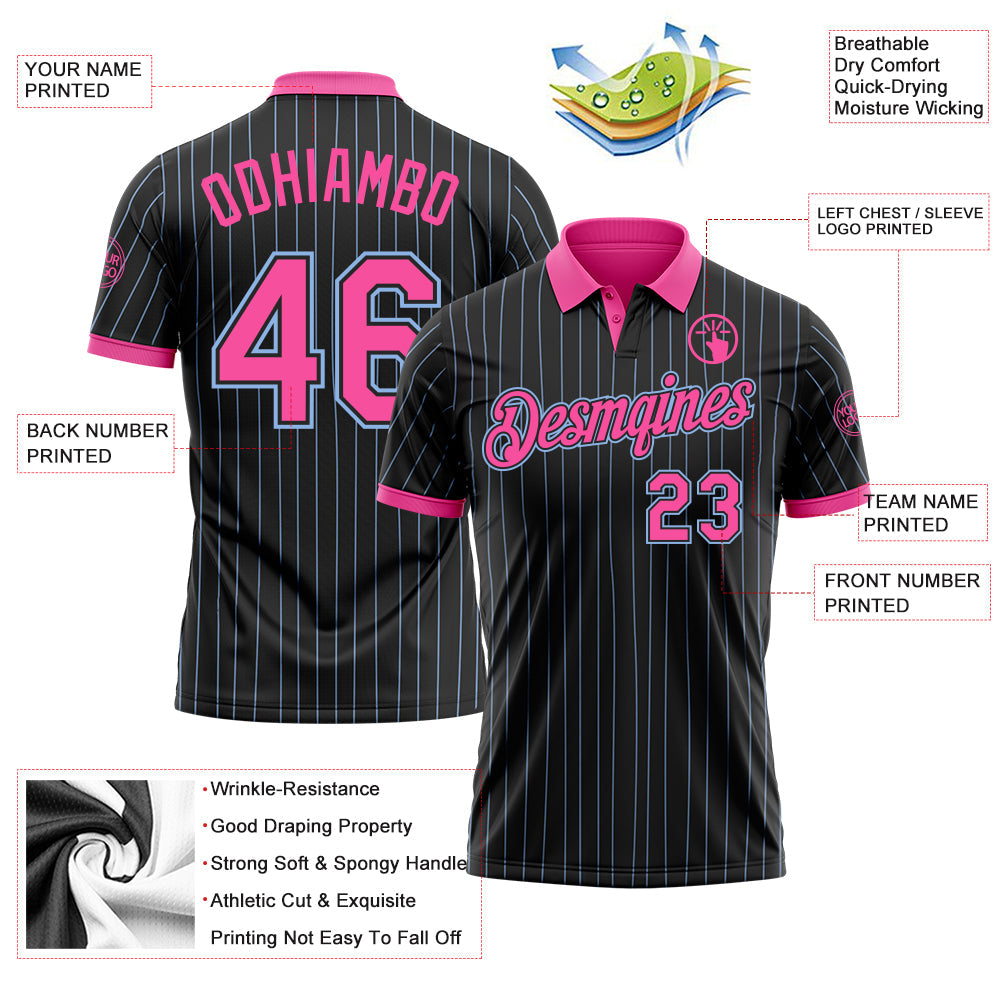Custom Black Light Blue Pinstripe-Pink Performance Polo Shirt view 3