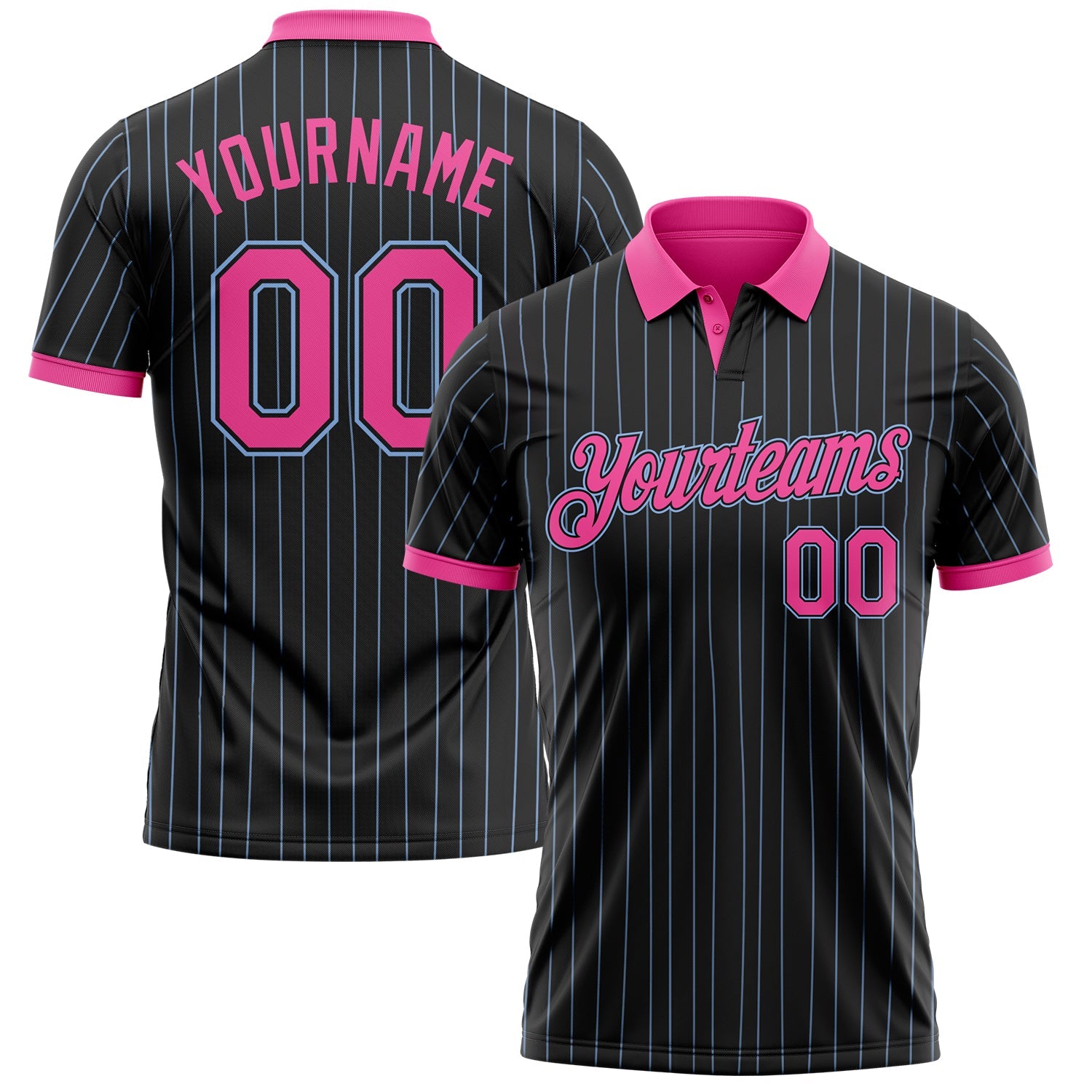 Custom Black Light Blue Pinstripe-Pink Performance Polo Shirt - Main View