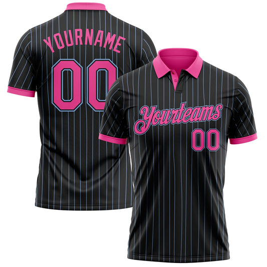 Custom Black Light Blue Pinstripe-Pink Performance Polo Shirt - Main View