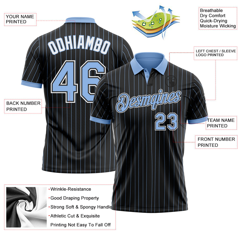Custom Black Light Blue Pinstripe-White Performance Polo Shirt view 3