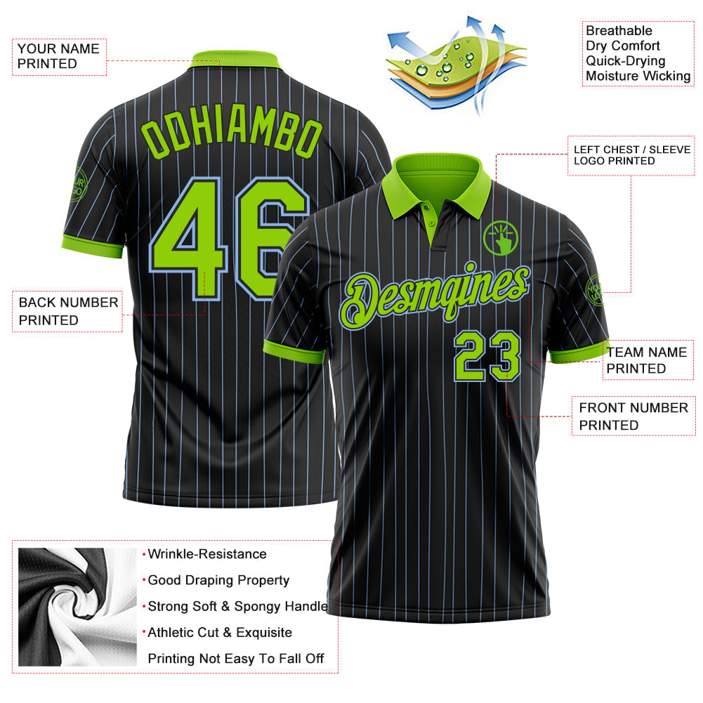 Custom Black Light Blue Pinstripe Neon Green-Light Blue Performance Polo Shirt view 3