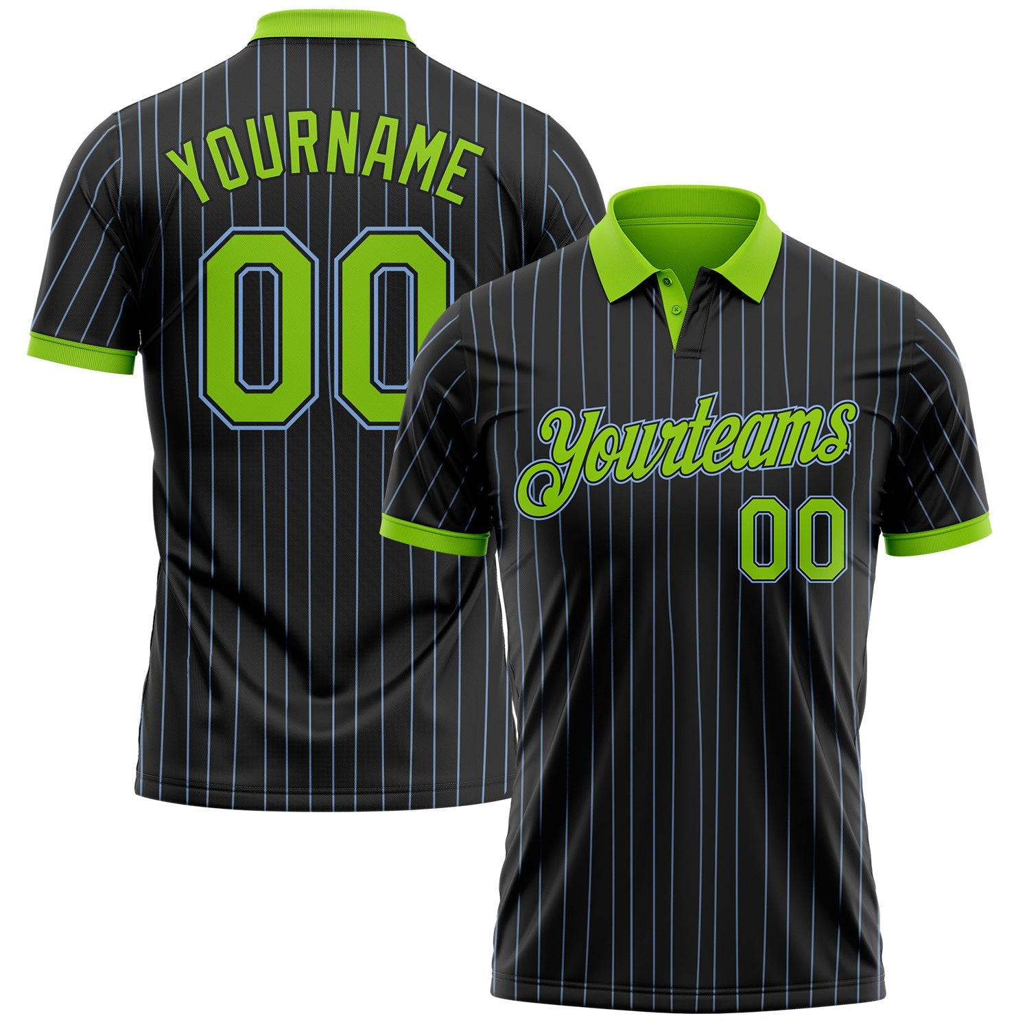 Custom Black Light Blue Pinstripe Neon Green-Light Blue Performance Polo Shirt - Main View