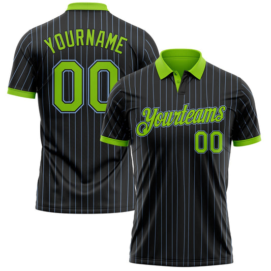 Custom Black Light Blue Pinstripe Neon Green-Light Blue Performance Polo Shirt - Main View