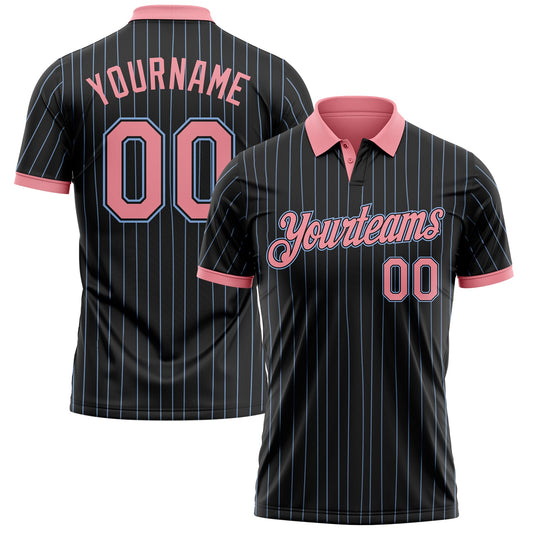 Custom Black Light Blue Pinstripe-Medium Pink Performance Polo Shirt - Main View