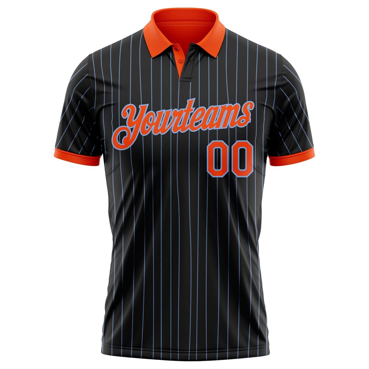 Custom Black Light Blue Pinstripe-Orange Performance Polo Shirt view 2