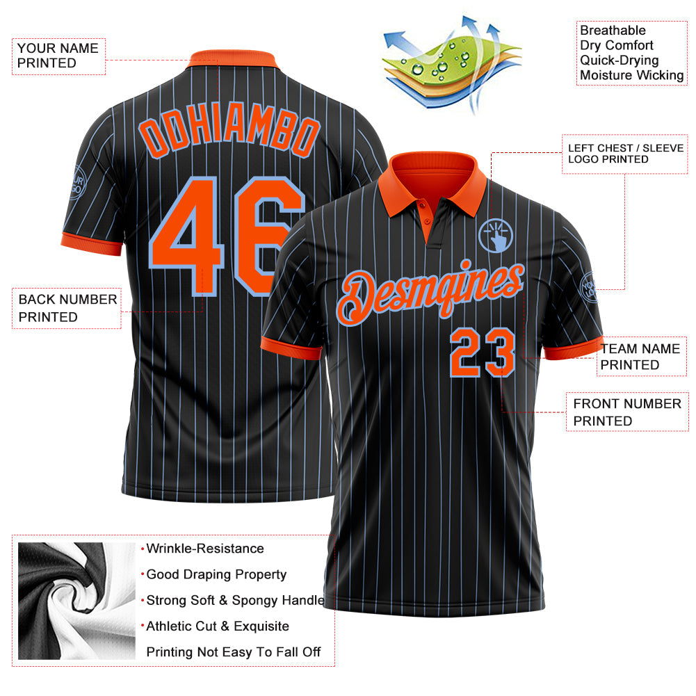 Custom Black Light Blue Pinstripe-Orange Performance Polo Shirt view 3