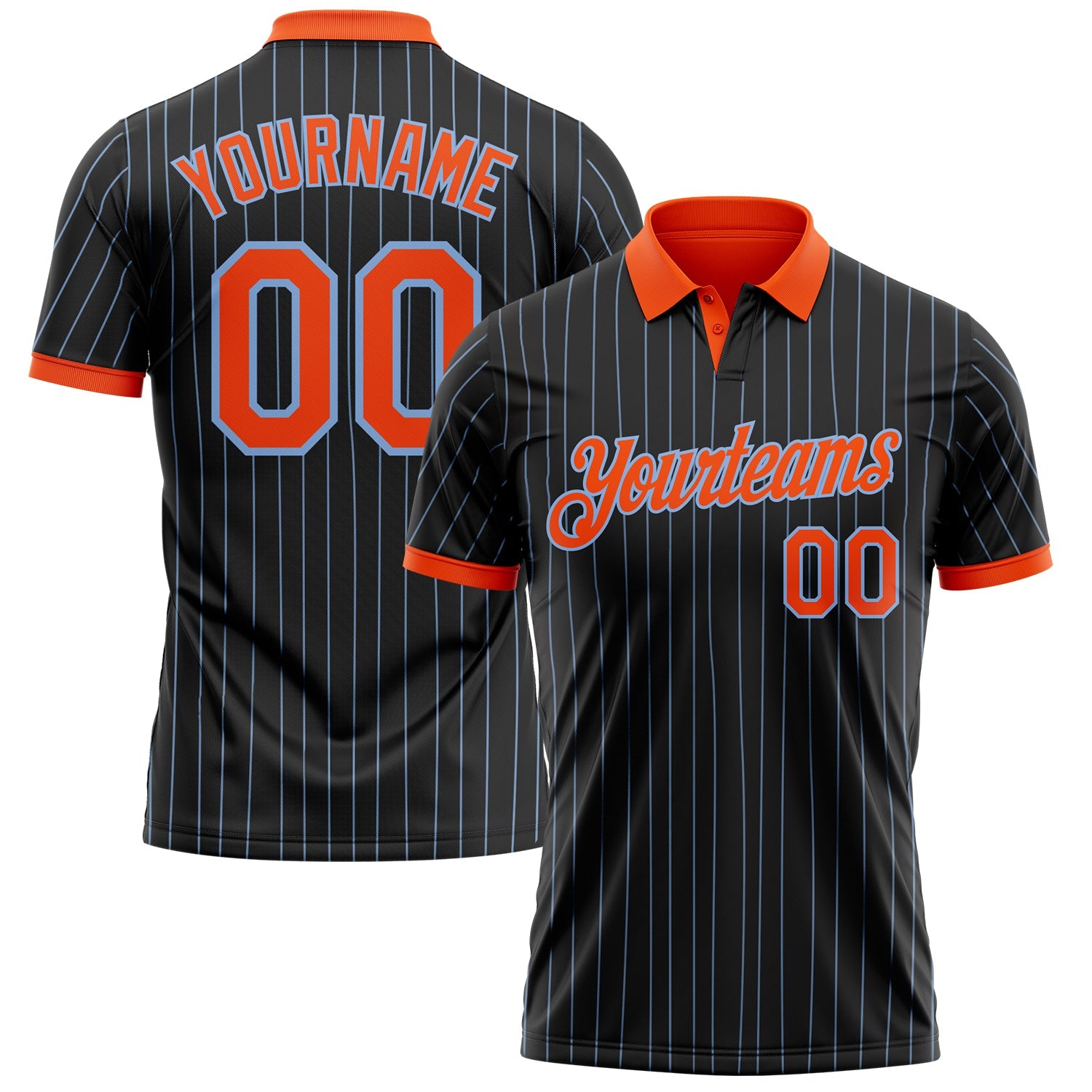 Custom Black Light Blue Pinstripe-Orange Performance Polo Shirt - Main View