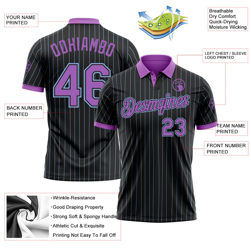 Custom Black Light Blue Pinstripe-Medium Purple Performance Polo Shirt view 3