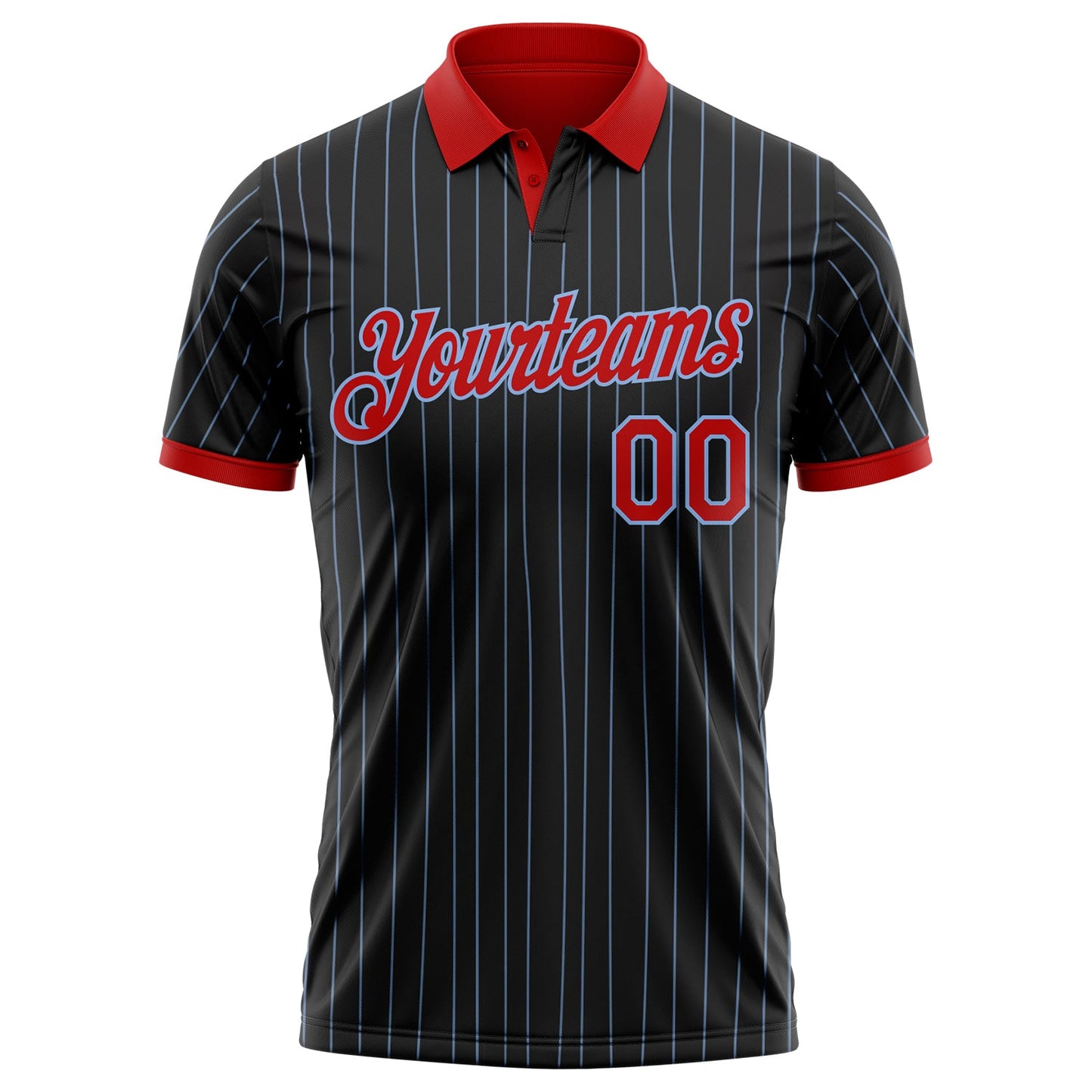 Custom Black Light Blue Pinstripe-Red Performance Polo Shirt view 2