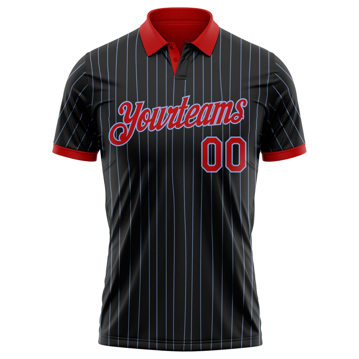 Custom Black Light Blue Pinstripe-Red Performance Polo Shirt view 2