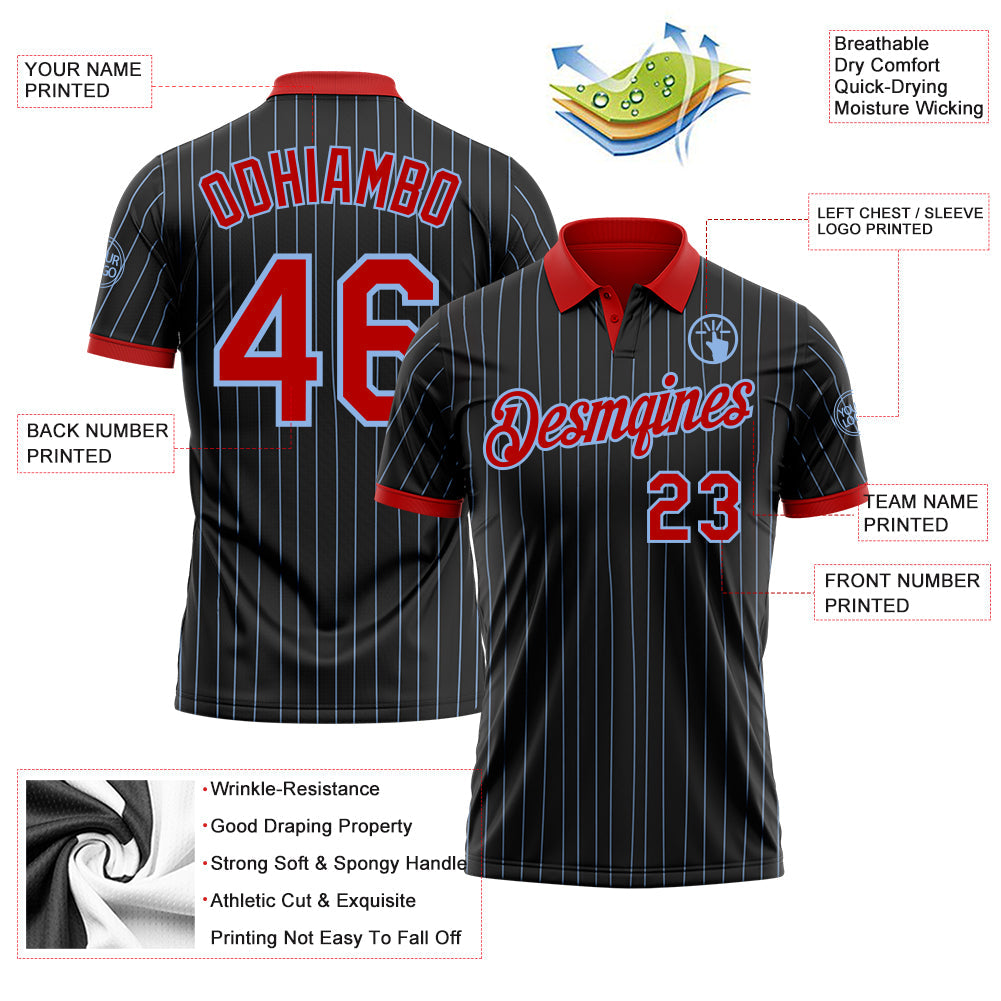 Custom Black Light Blue Pinstripe-Red Performance Polo Shirt view 3