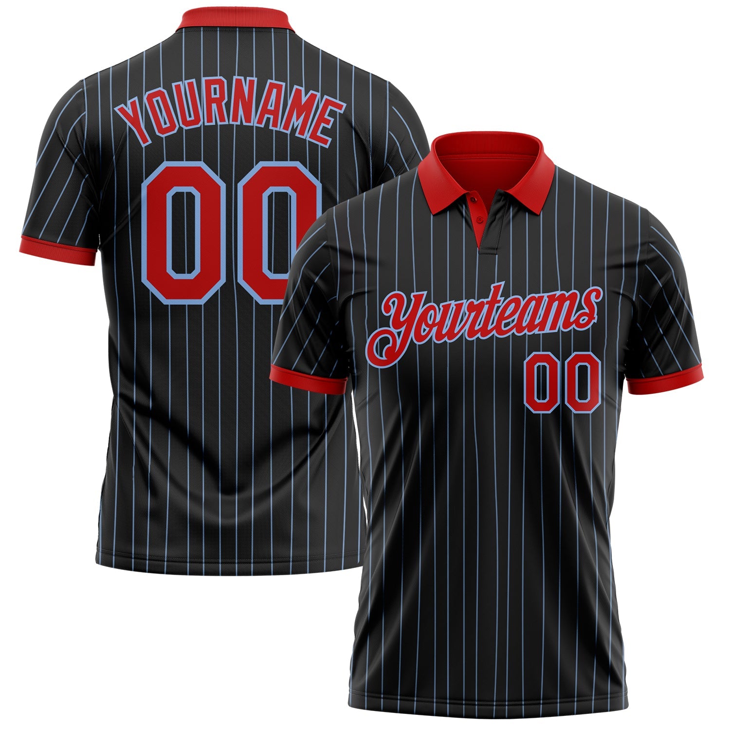 Custom Black Light Blue Pinstripe-Red Performance Polo Shirt - Main View