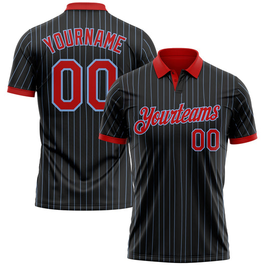 Custom Black Light Blue Pinstripe-Red Performance Polo Shirt - Main View
