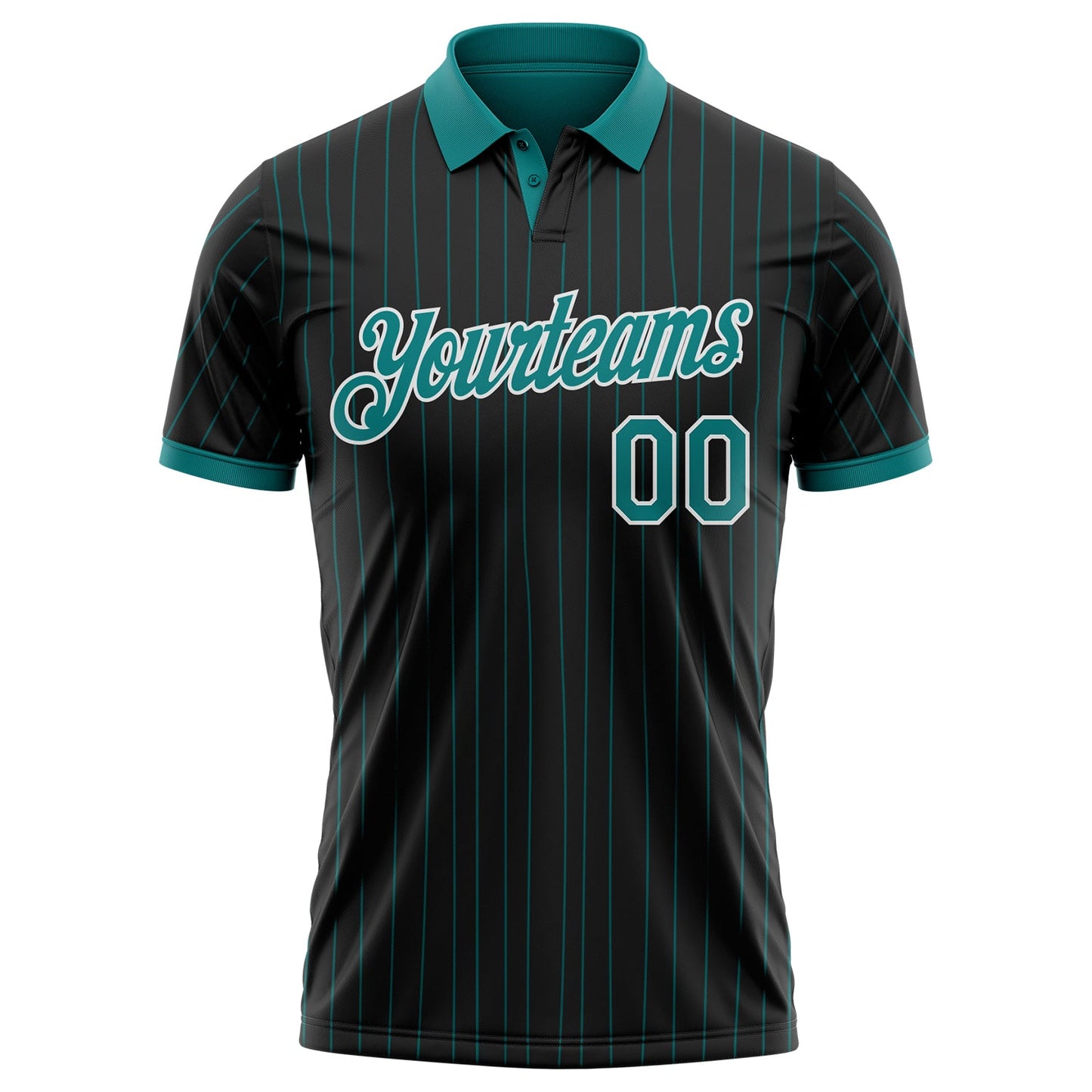 Custom Black Teal Pinstripe-White Performance Polo Shirt view 2