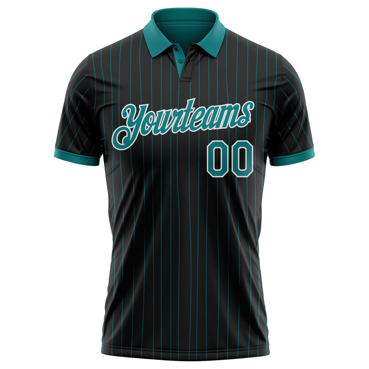 Custom Black Teal Pinstripe-White Performance Polo Shirt view 2