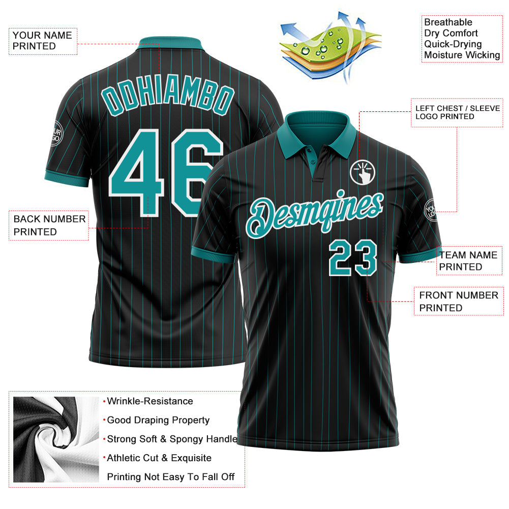 Custom Black Teal Pinstripe-White Performance Polo Shirt view 3