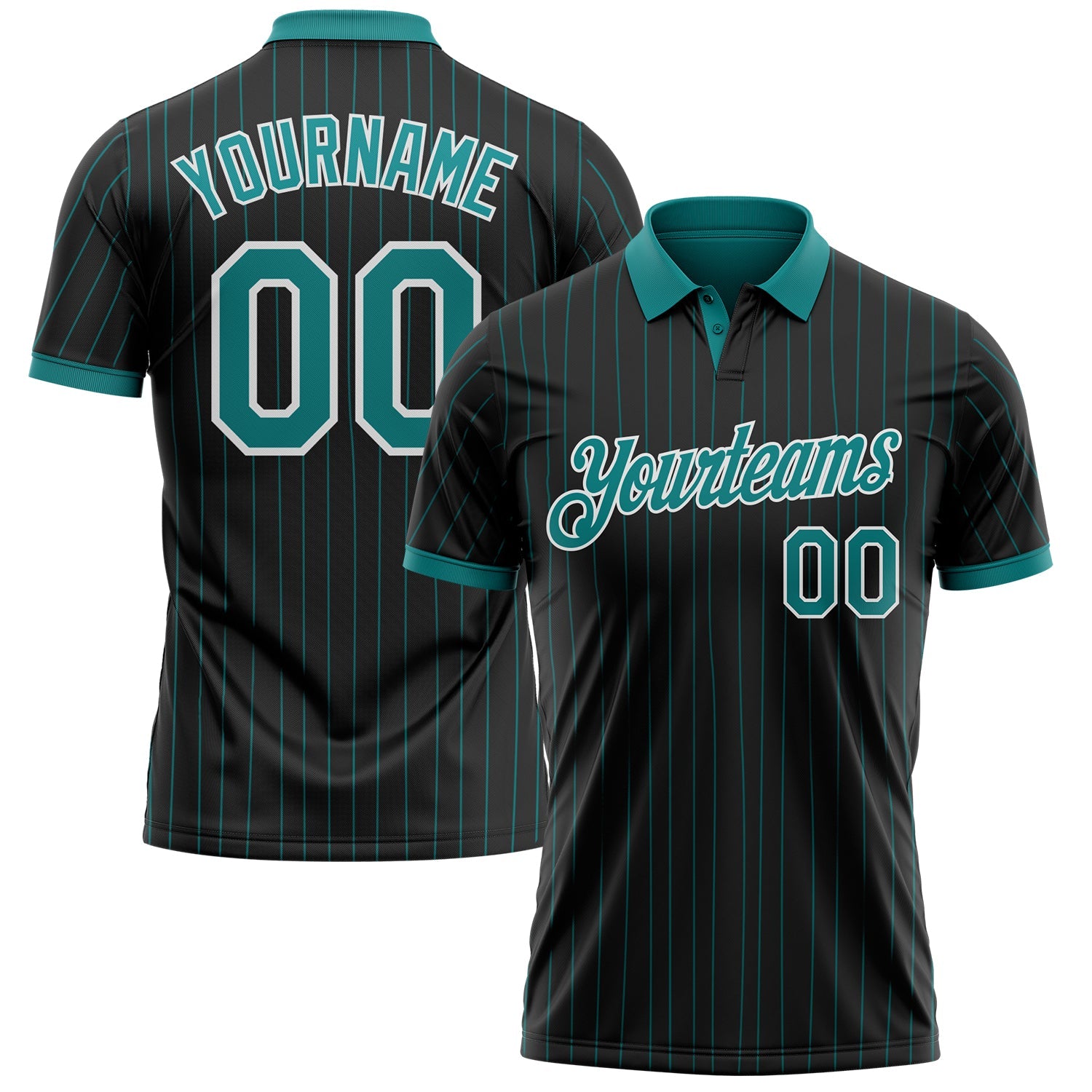 Custom Black Teal Pinstripe-White Performance Polo Shirt - Main View