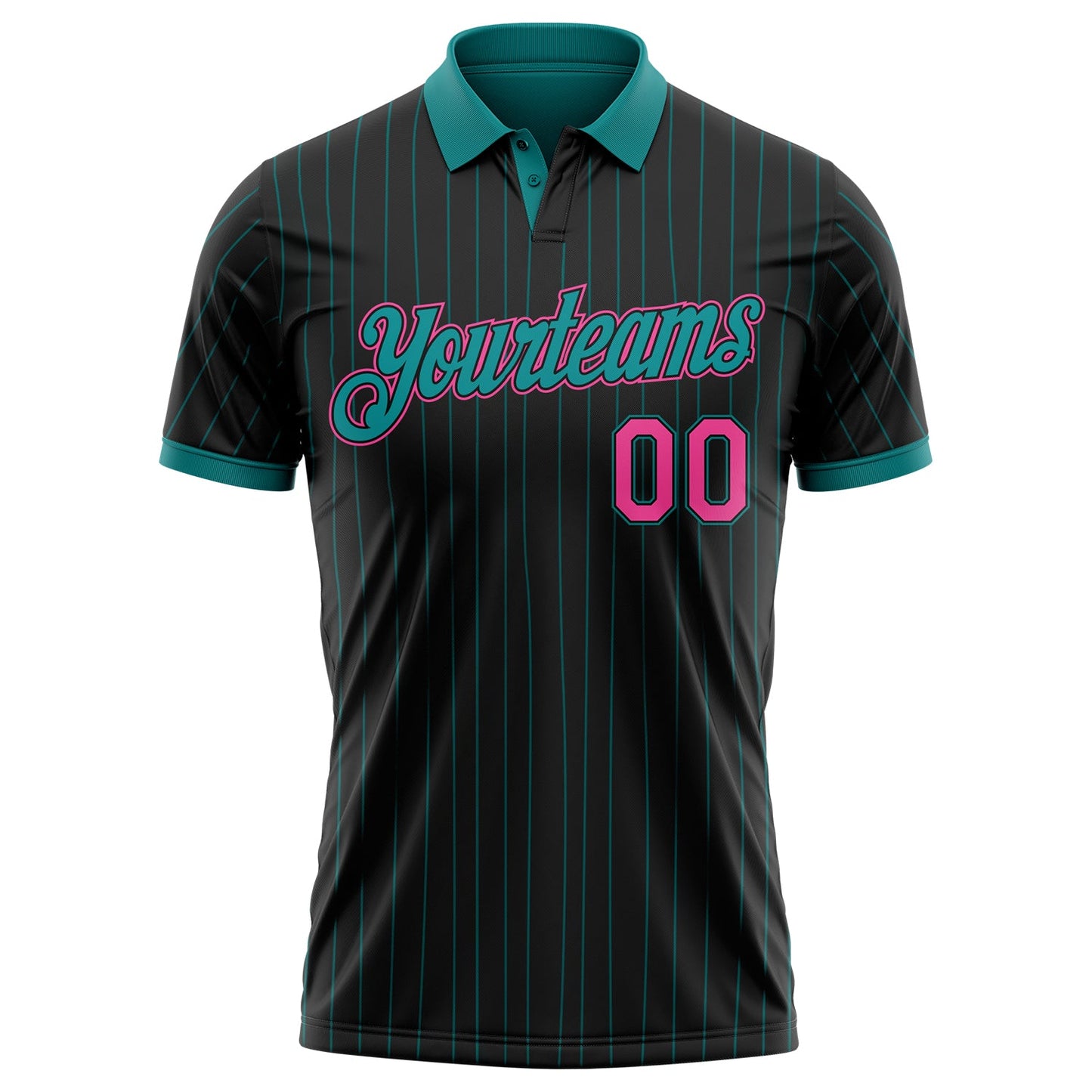 Custom Black Teal Pinstripe-Pink Performance Polo Shirt view 2