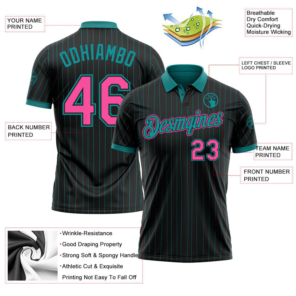Custom Black Teal Pinstripe-Pink Performance Polo Shirt view 3
