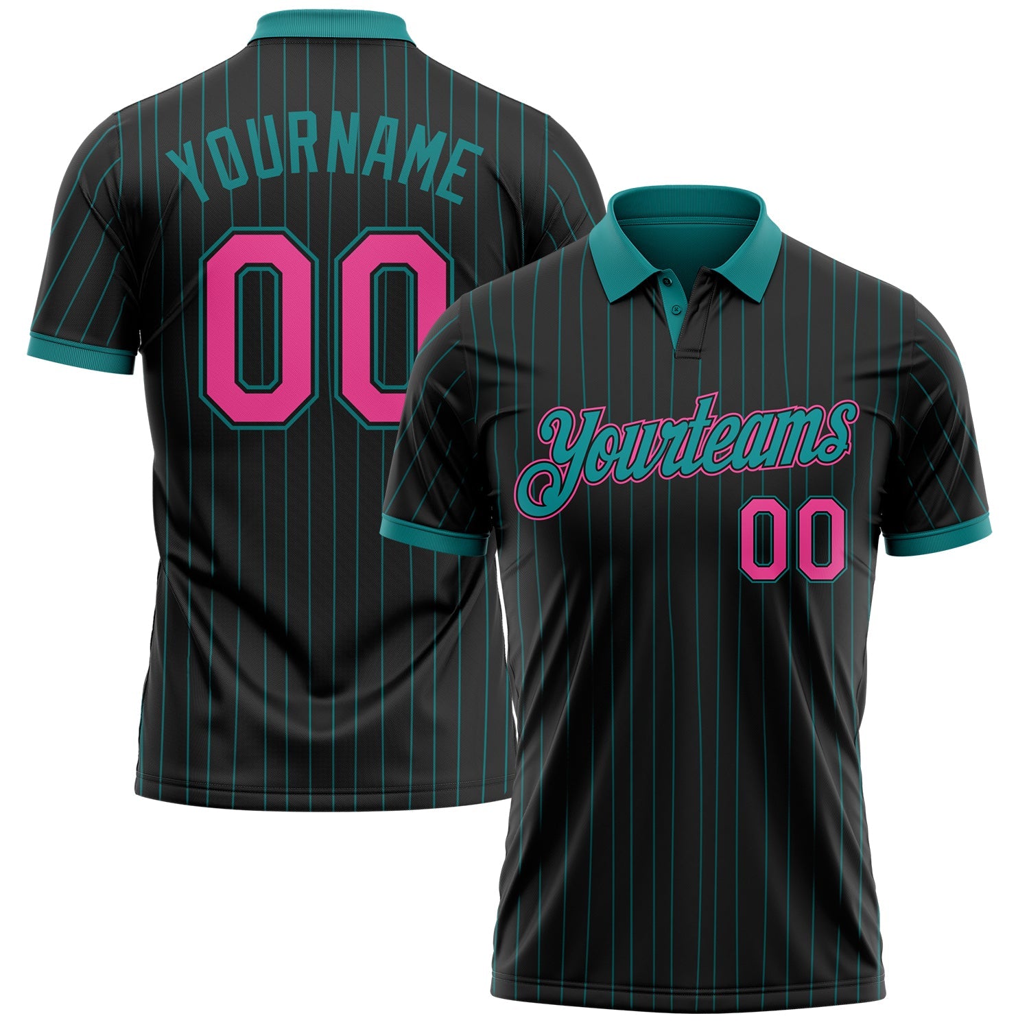 Custom Black Teal Pinstripe-Pink Performance Polo Shirt - Main View