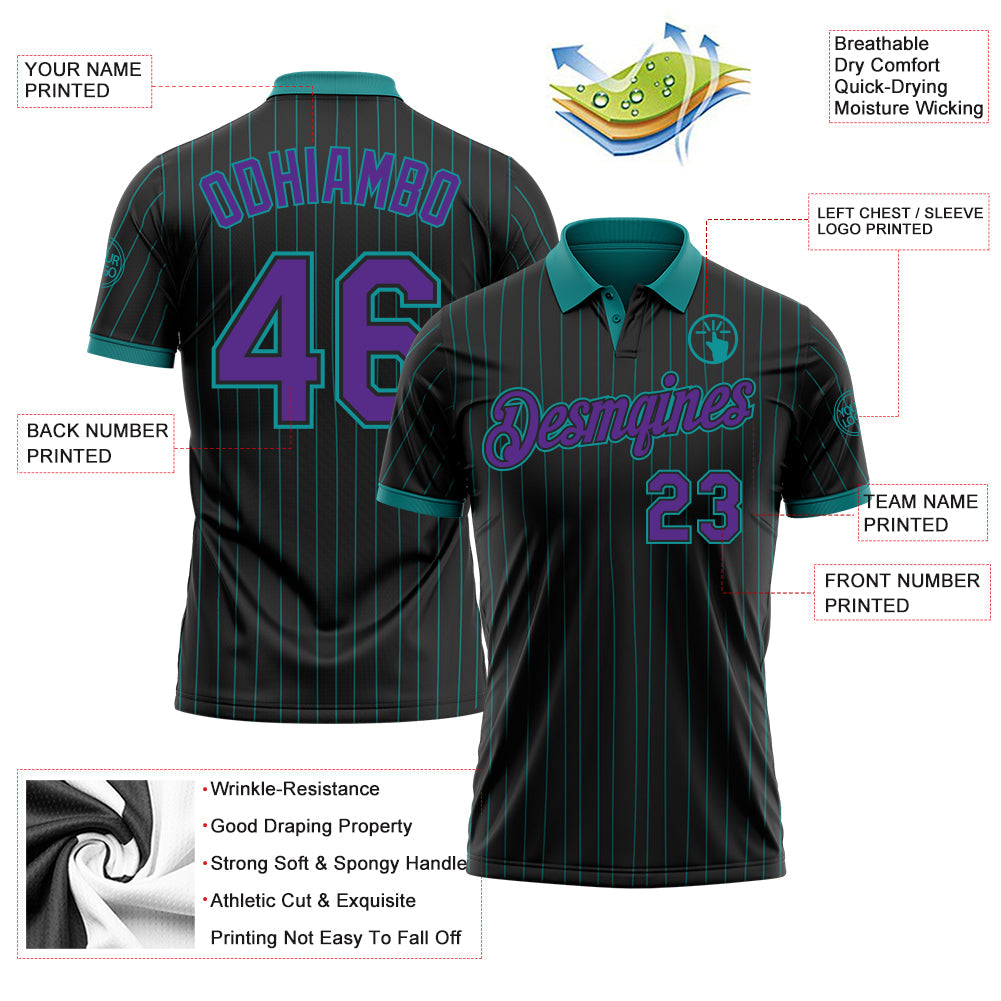 Custom Black Teal Pinstripe-Purple Performance Polo Shirt view 3