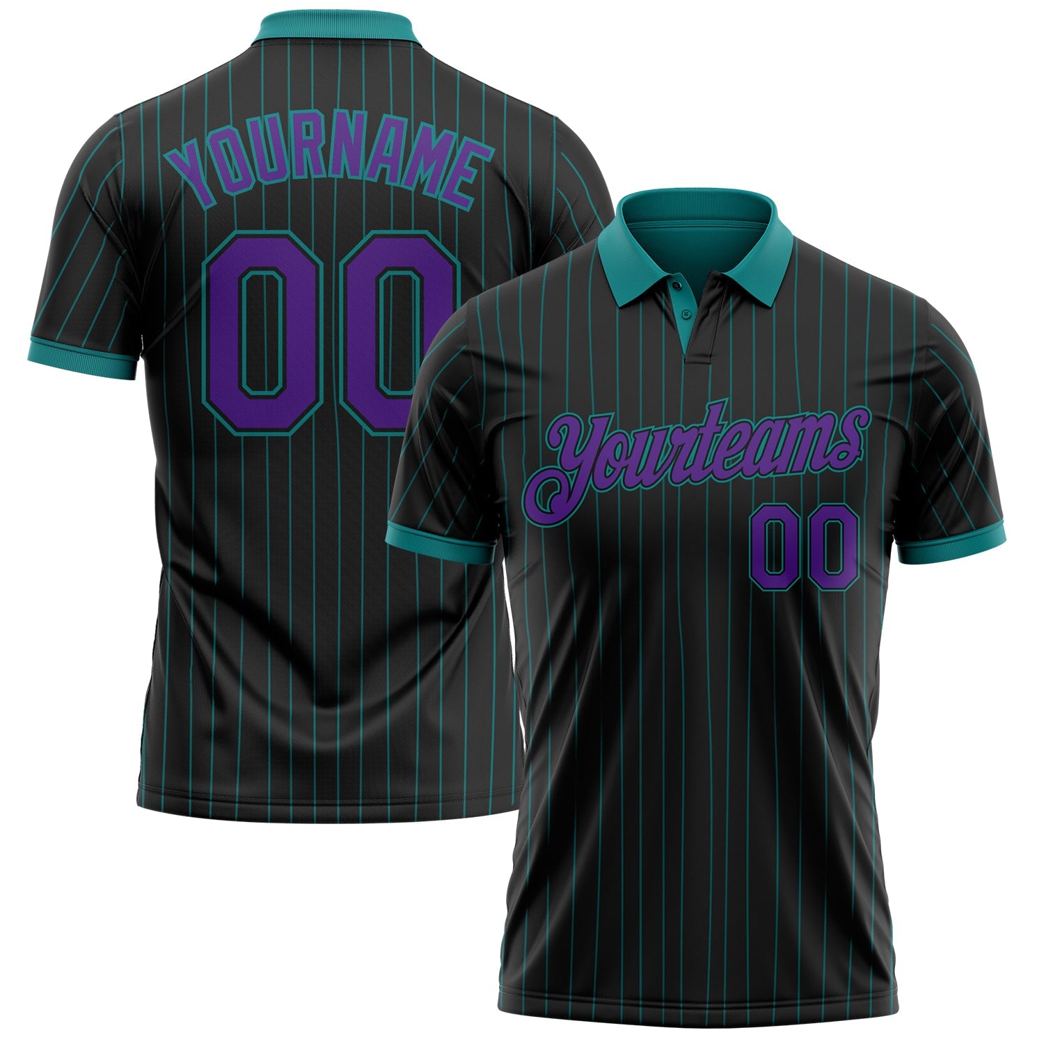 Custom Black Teal Pinstripe-Purple Performance Polo Shirt - Main View