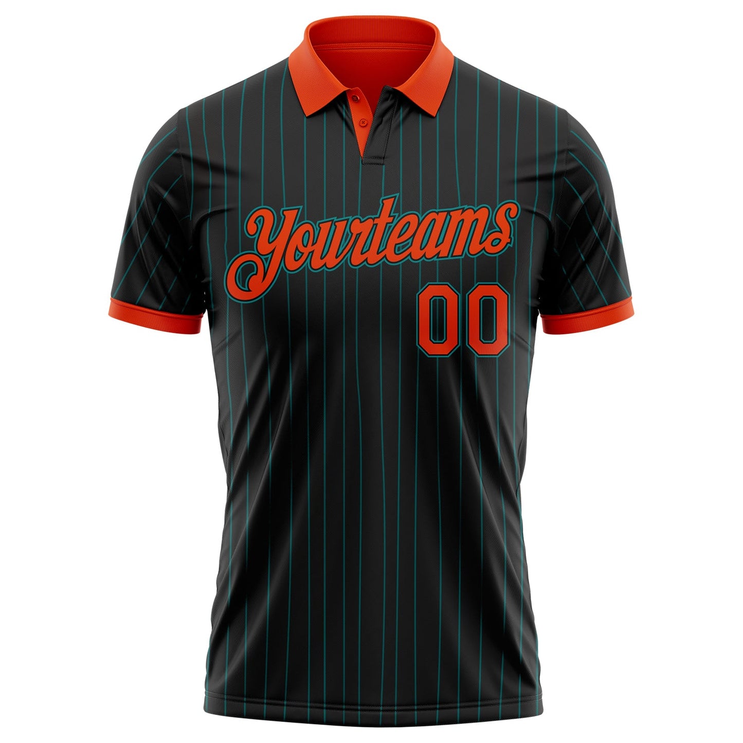 Custom Black Teal Pinstripe Orange-Teal Performance Polo Shirt view 2