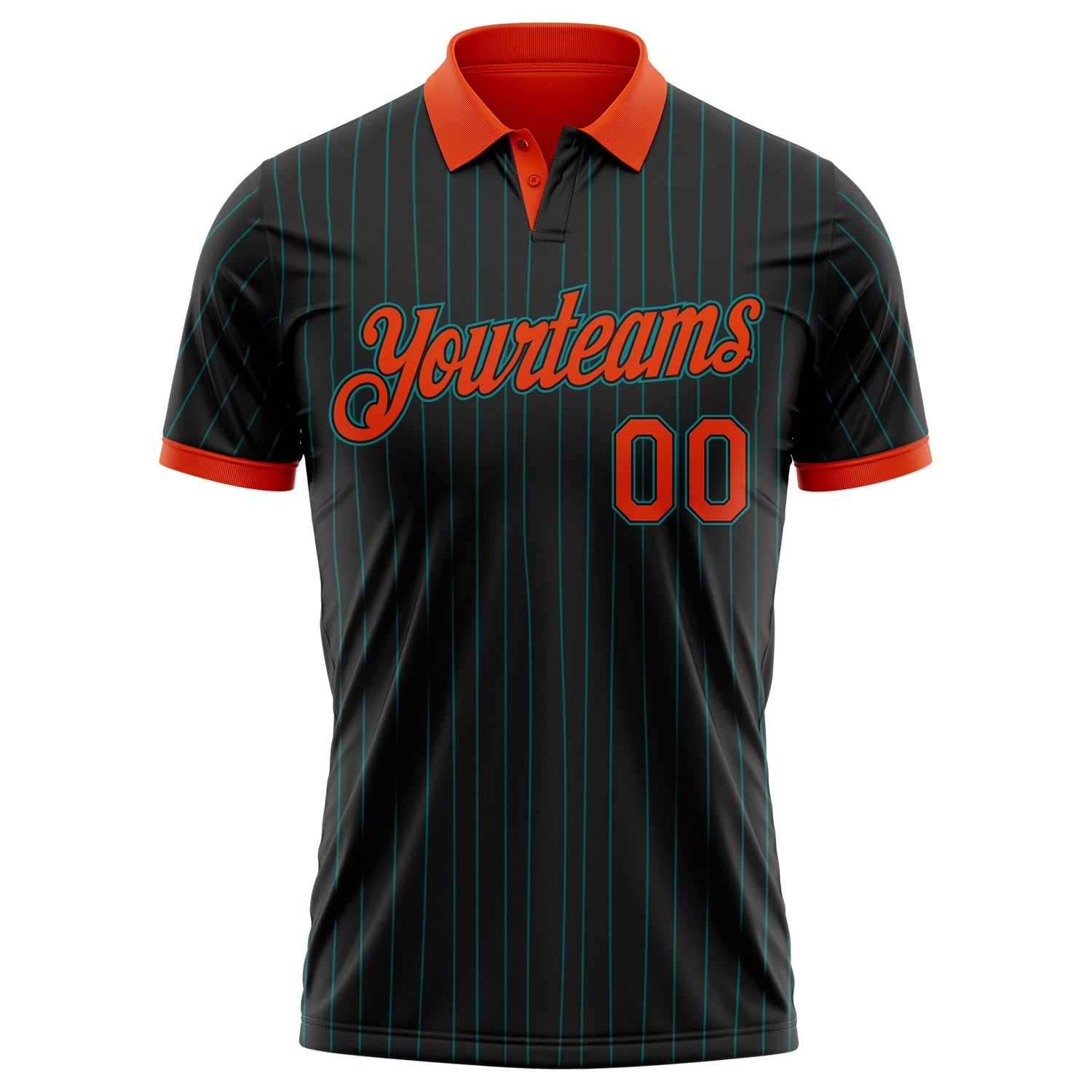 Custom Black Teal Pinstripe Orange-Teal Performance Polo Shirt view 2