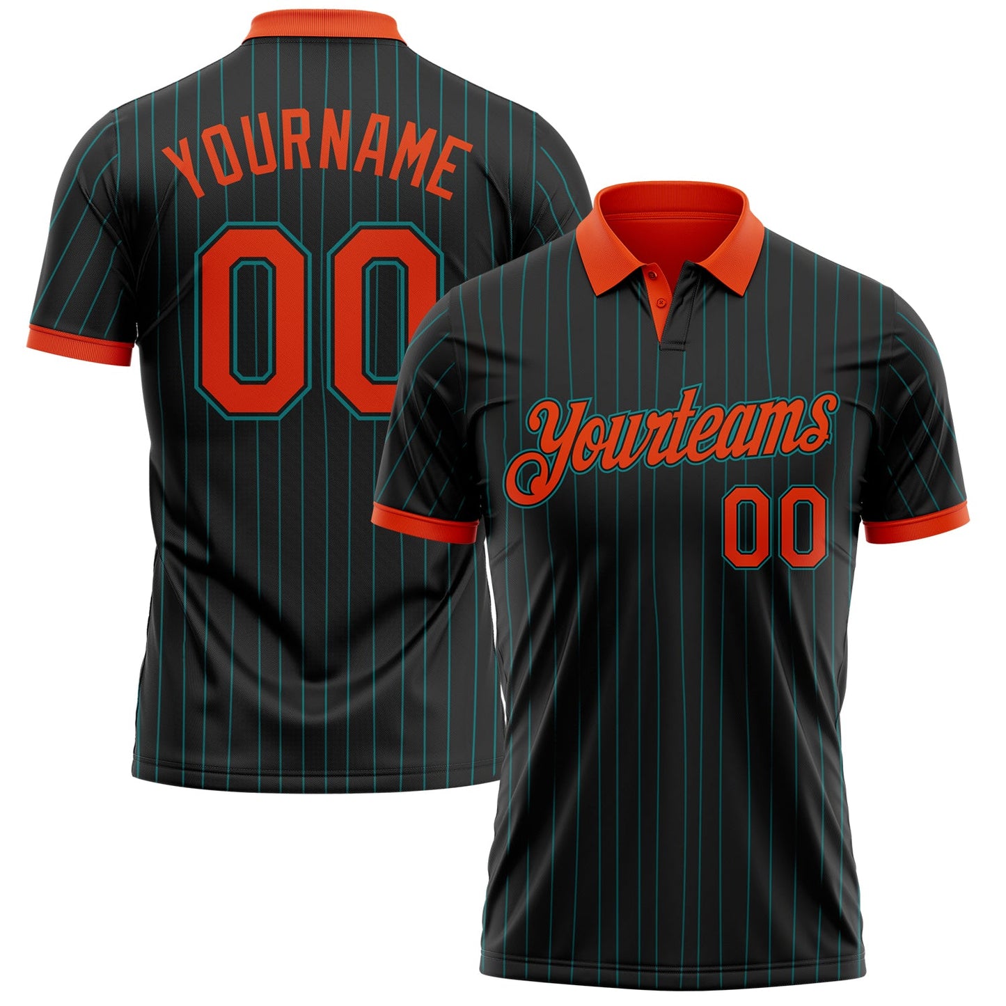 Custom Black Teal Pinstripe Orange-Teal Performance Polo Shirt - Main View