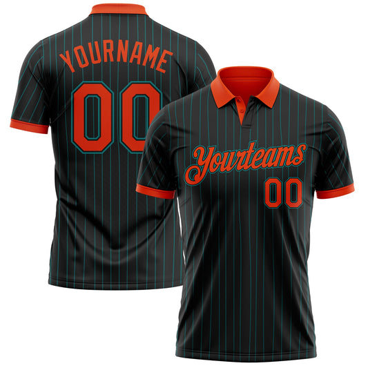 Custom Black Teal Pinstripe Orange-Teal Performance Polo Shirt - Main View