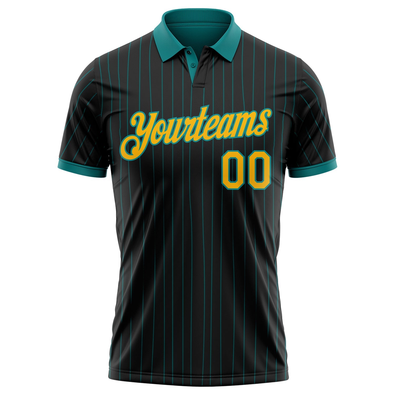 Custom Black Teal Pinstripe-Gold Performance Polo Shirt view 2