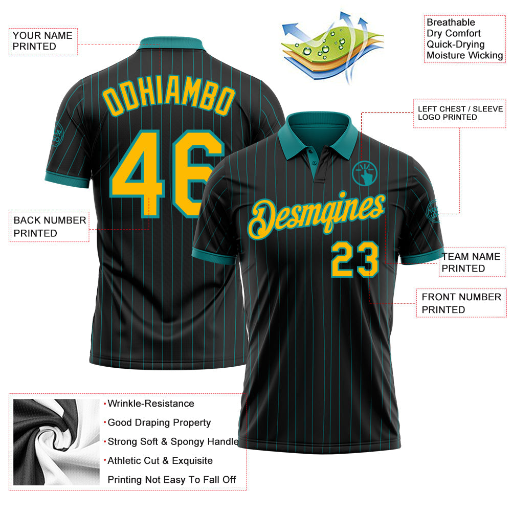 Custom Black Teal Pinstripe-Gold Performance Polo Shirt view 3