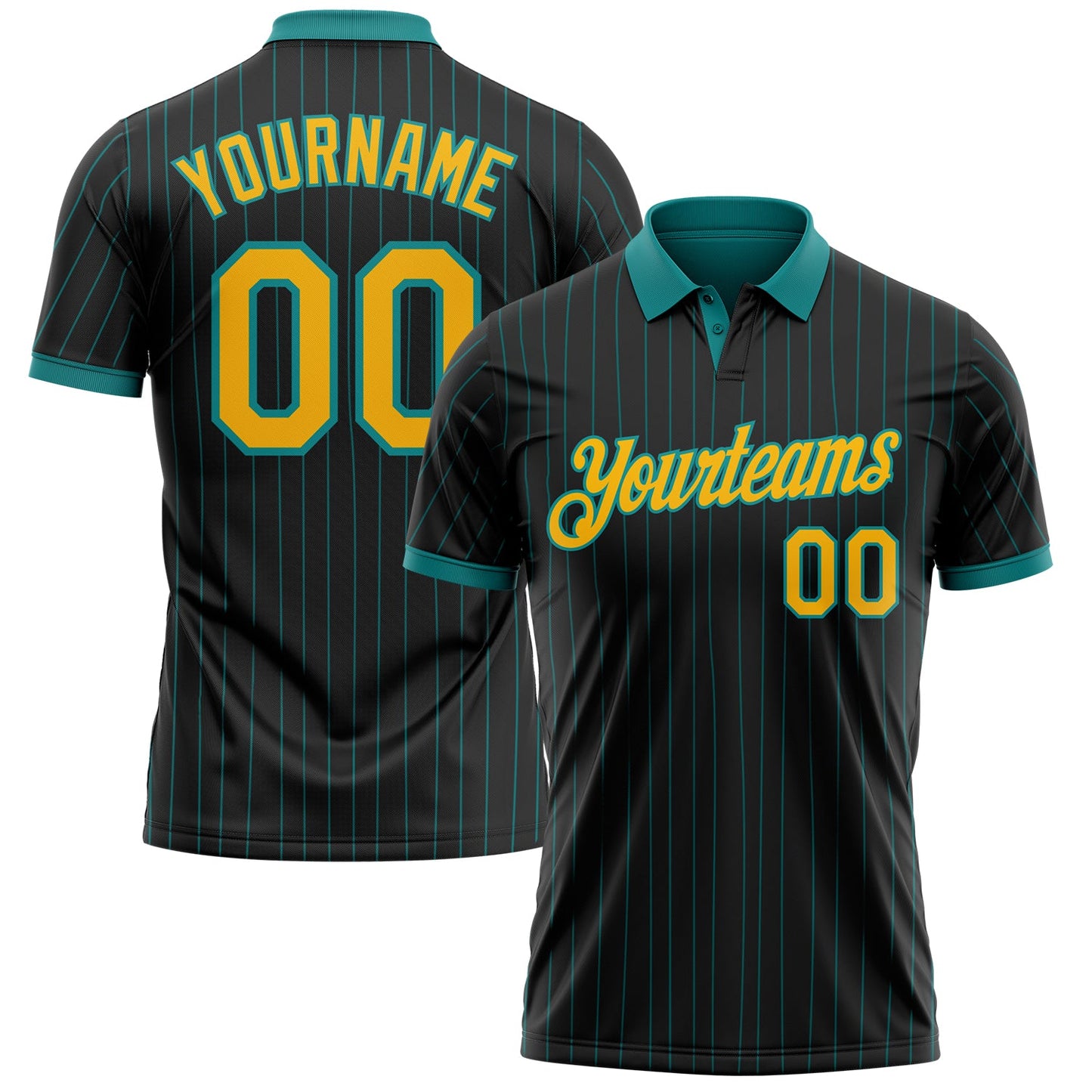 Custom Black Teal Pinstripe-Gold Performance Polo Shirt - Main View