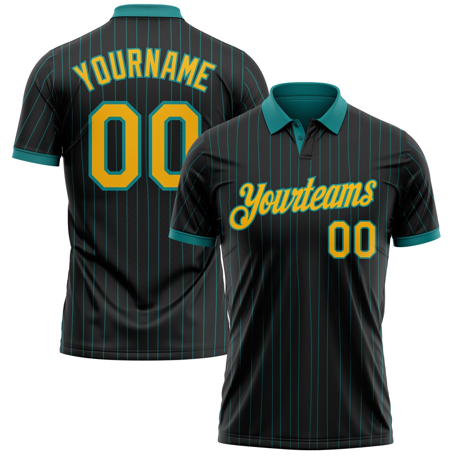 Custom Black Teal Pinstripe-Gold Performance Polo Shirt - Main View