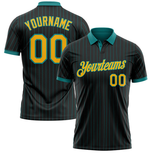 Custom Black Teal Pinstripe-Gold Performance Polo Shirt - Main View
