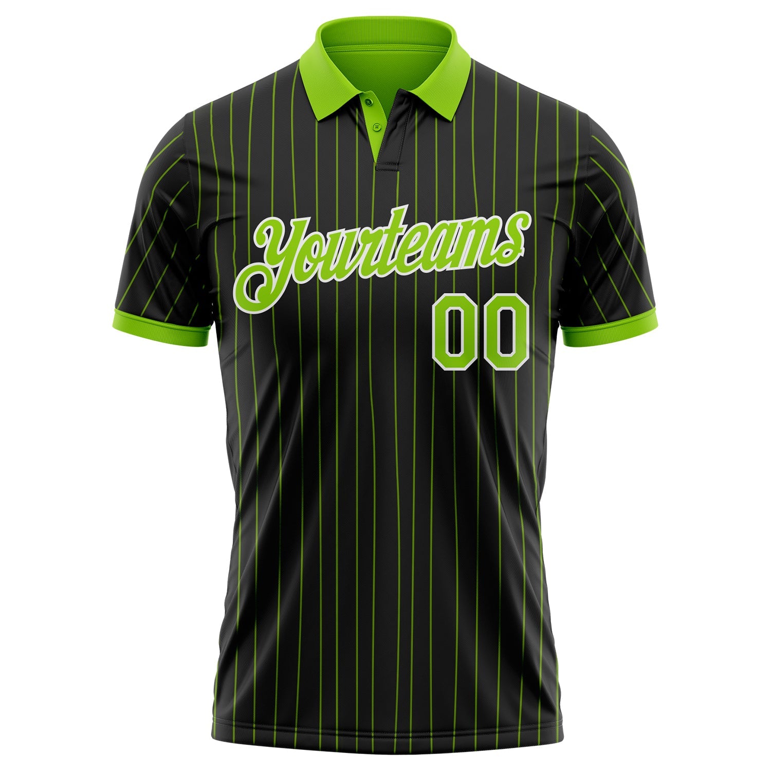 Custom Black Neon Green Pinstripe-White Performance Polo Shirt view 2
