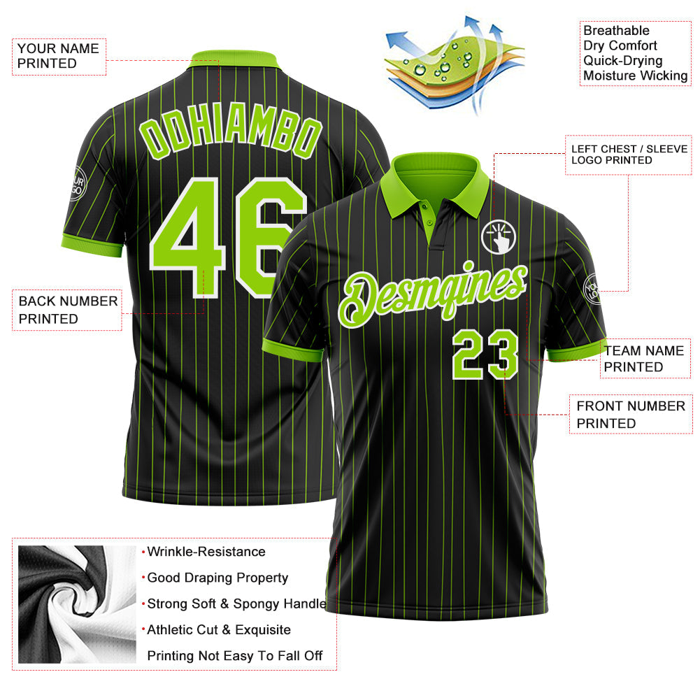 Custom Black Neon Green Pinstripe-White Performance Polo Shirt view 3