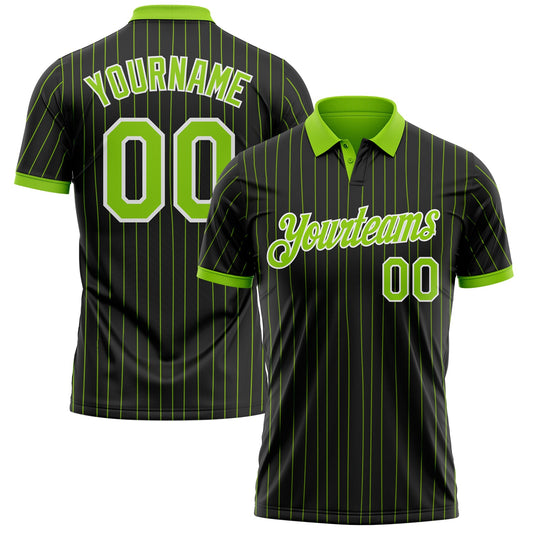 Custom Black Neon Green Pinstripe-White Performance Polo Shirt - Main View
