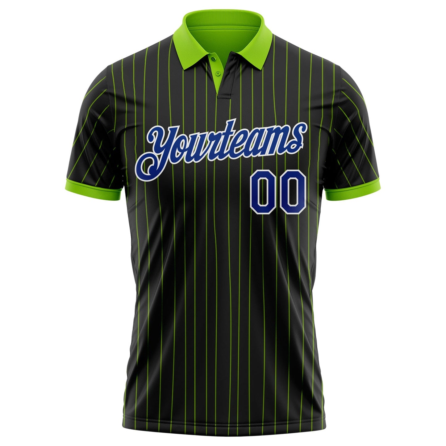 Custom Black Neon Green Pinstripe Royal-White Performance Polo Shirt view 2