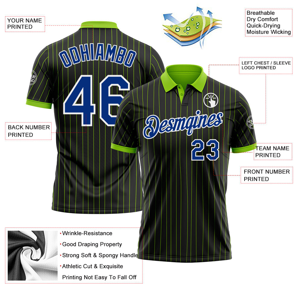 Custom Black Neon Green Pinstripe Royal-White Performance Polo Shirt view 3